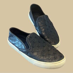 Tory Bruch slip on shoes logo stud, quilted leather flats navy blue size 6